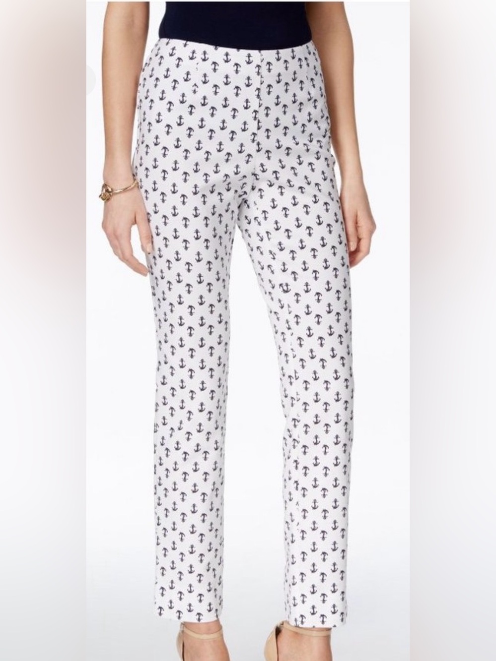 Slim-Sation White Ankle Pant with Black Anchor-Print; NWT, Sz 8
